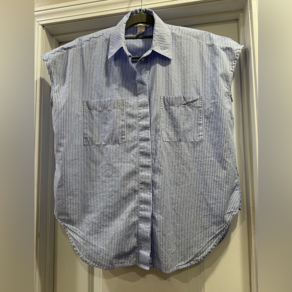H&M Blue and White Striped Casual Button Down Shirt Sleeveless Size XS